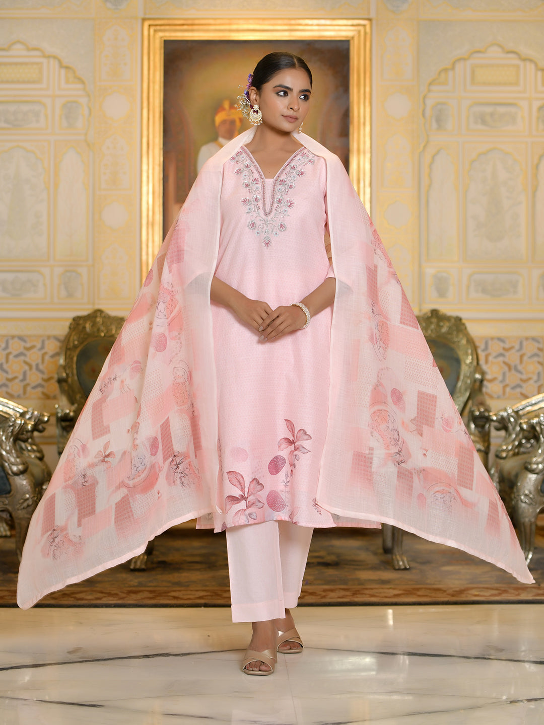 Vaasva Women's Pink Linen Suit Set With Printed Dupatta - Distacart