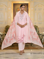 Thumbnail for Vaasva Women's Pink Linen Suit Set With Printed Dupatta - Distacart