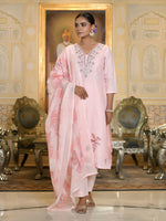 Thumbnail for Vaasva Women's Pink Linen Suit Set With Printed Dupatta - Distacart