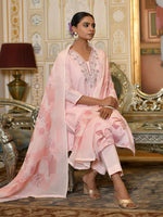 Thumbnail for Vaasva Women's Pink Linen Suit Set With Printed Dupatta - Distacart