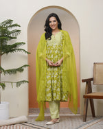 Thumbnail for Vaasva Women Green Cotton Kurta With Cotton Pant & Dupatta