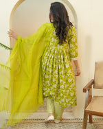 Thumbnail for Vaasva Women Green Cotton Kurta With Cotton Pant & Dupatta