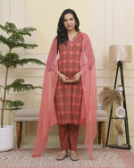 Thumbnail for Vaasva Women Maroon Cotton Kurta With Cotton Pant & Dupatta
