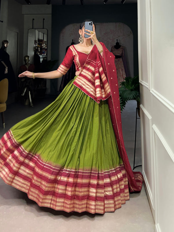 Lorenvalley Mehendi Pure Chanderi Plain With Zari Weaving Work Border Lehenga Choli - Distacart