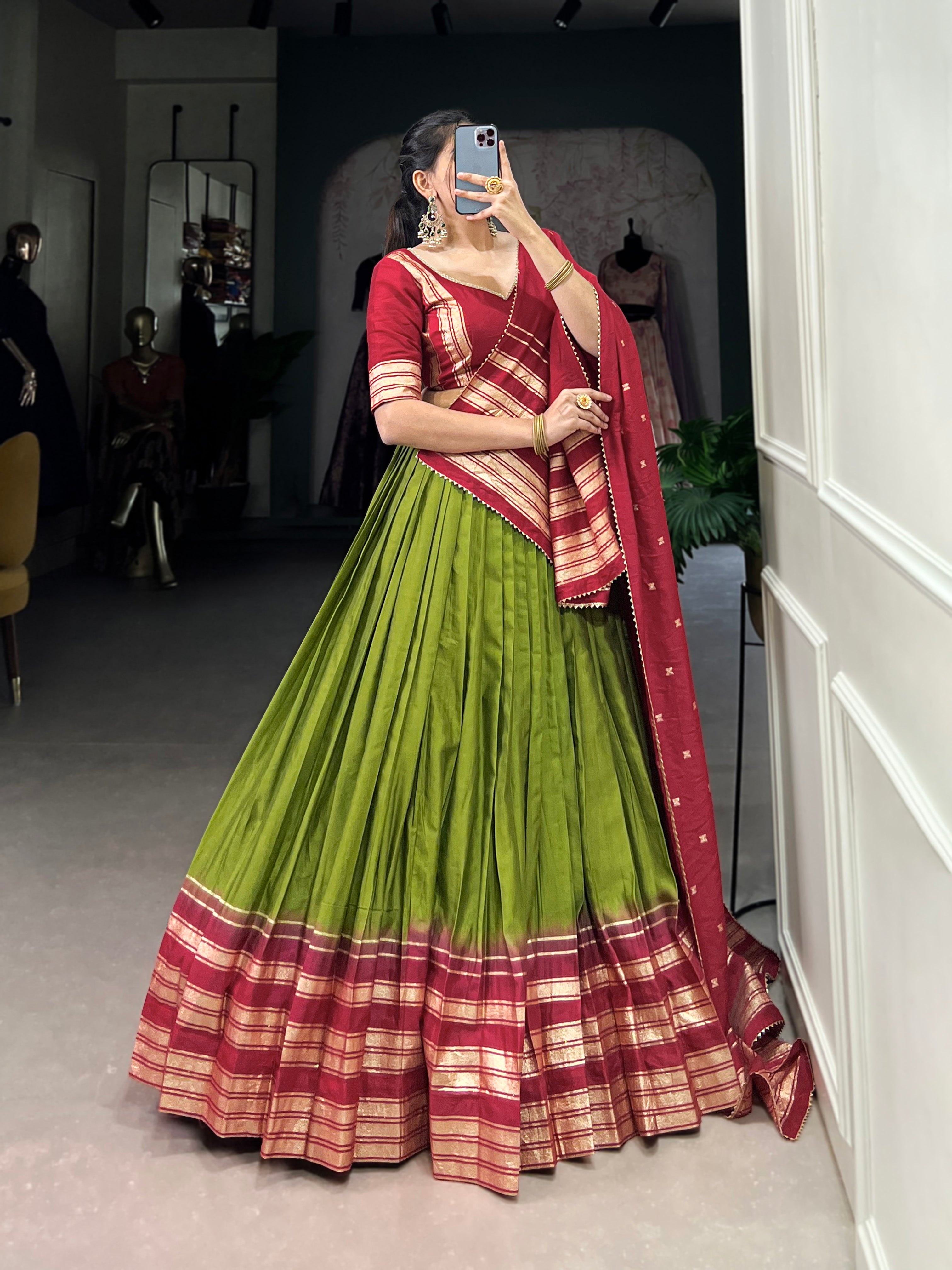 Lorenvalley Mehendi Pure Chanderi Plain With Zari Weaving Work Border Lehenga Choli - Distacart