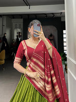 Thumbnail for Lorenvalley Mehendi Pure Chanderi Plain With Zari Weaving Work Border Lehenga Choli - Distacart