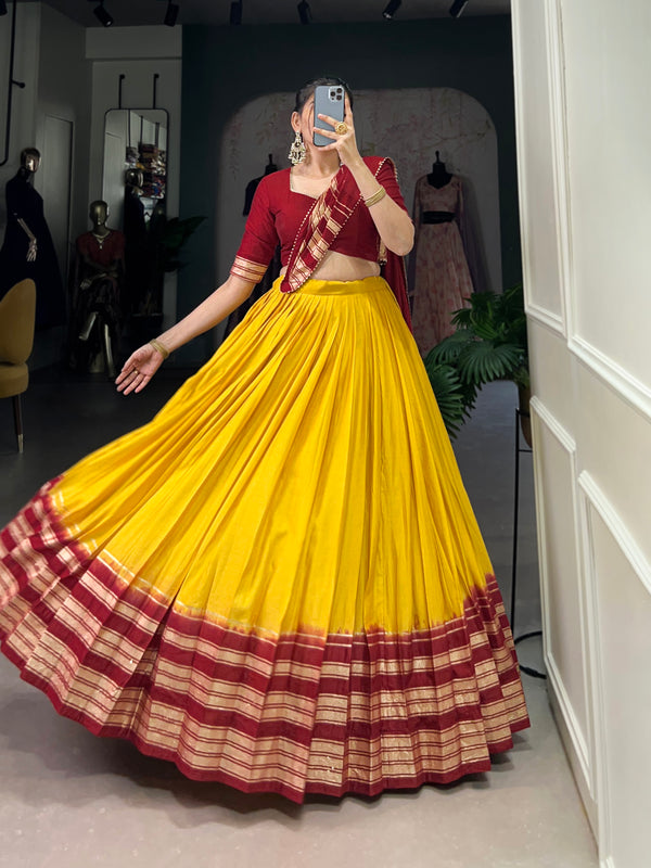 Lorenvalley Yellow Pure Chanderi Plain With Zari Weaving Work Border Lehenga Choli - Distacart