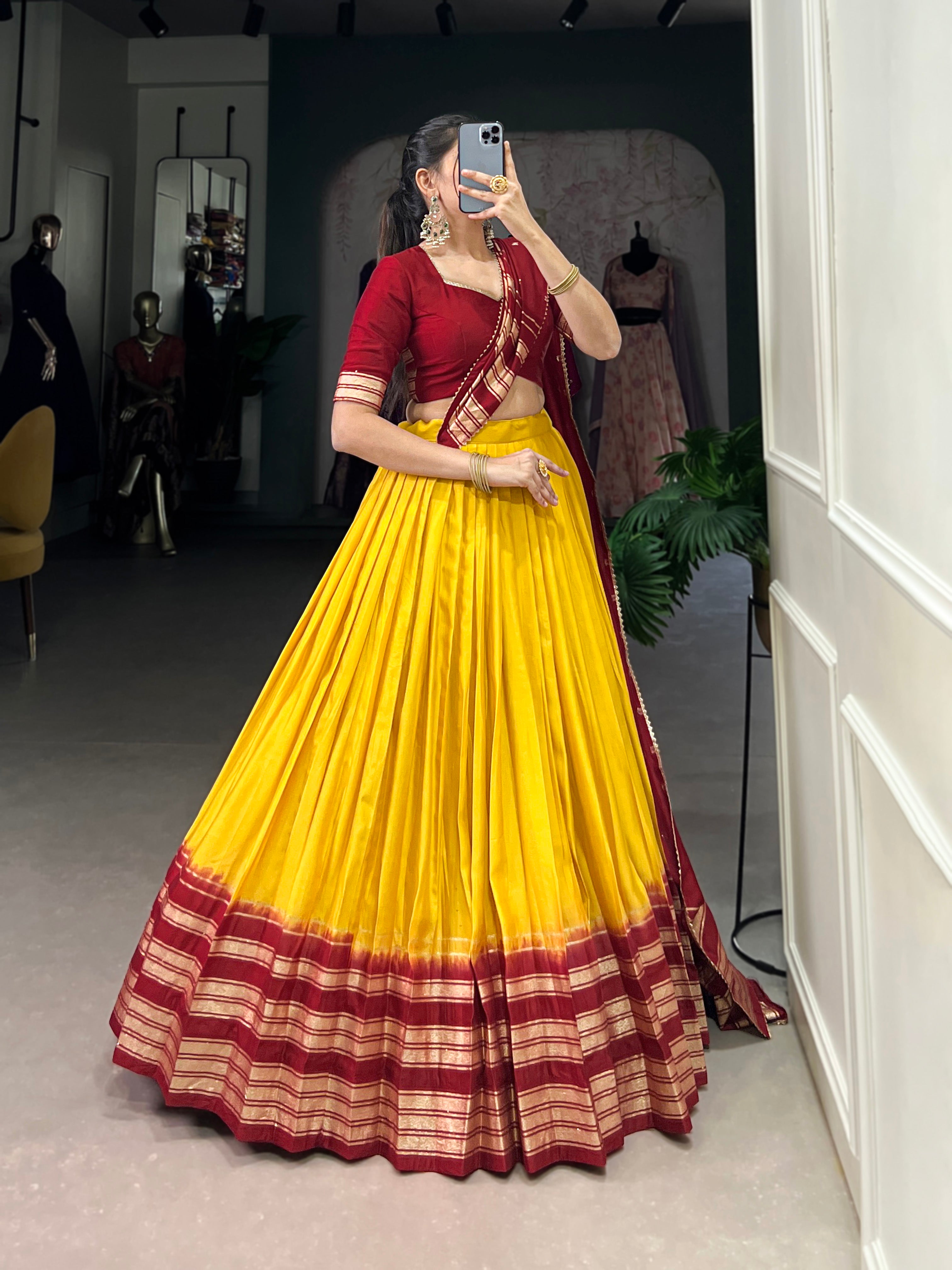 Lorenvalley Yellow Pure Chanderi Plain With Zari Weaving Work Border Lehenga Choli - Distacart