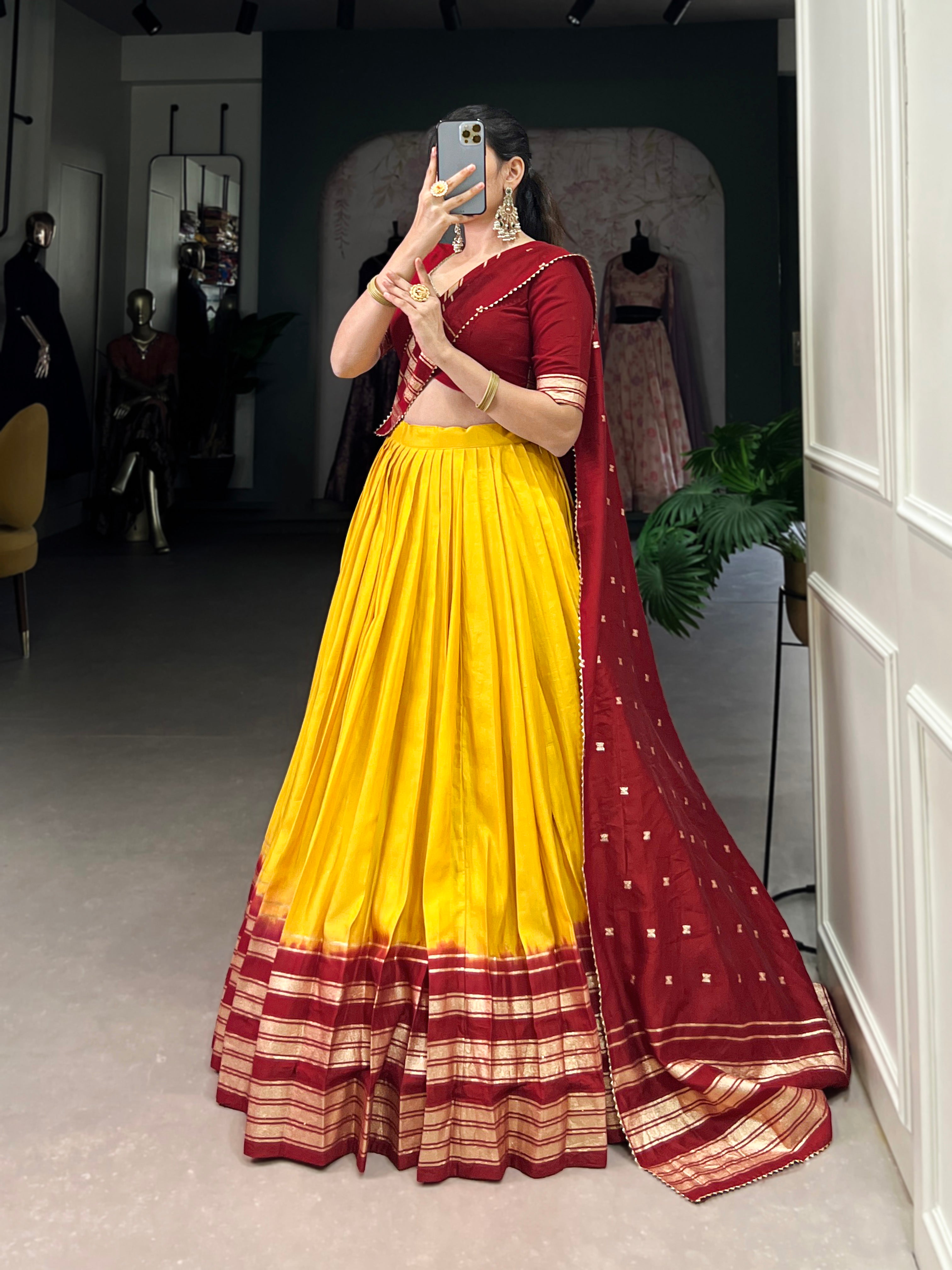 Lorenvalley Yellow Pure Chanderi Plain With Zari Weaving Work Border Lehenga Choli - Distacart