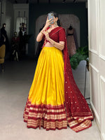 Thumbnail for Lorenvalley Yellow Pure Chanderi Plain With Zari Weaving Work Border Lehenga Choli - Distacart