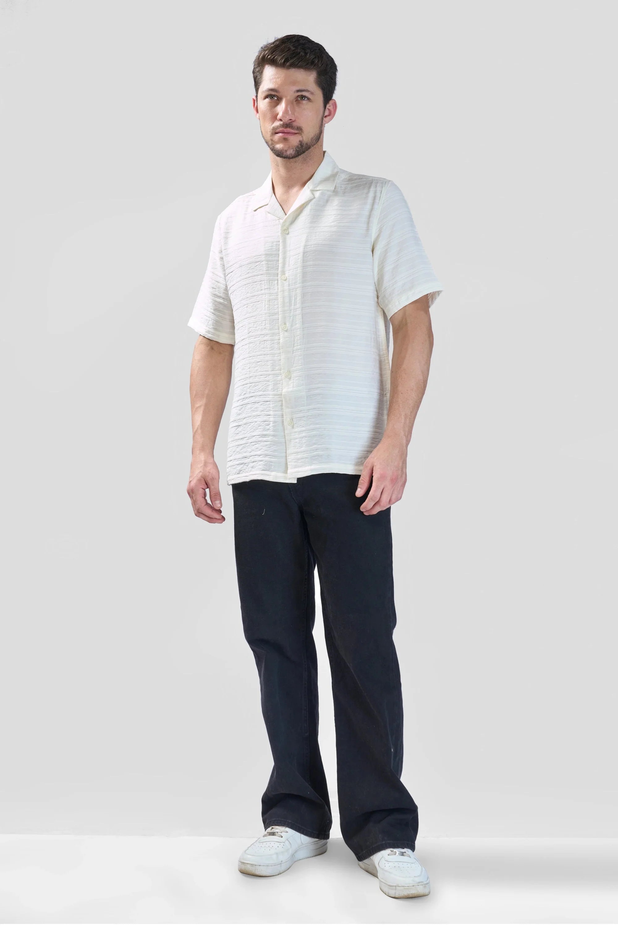 Xkind White Horizontal Pleated Stripes Relaxed Fit Shirt