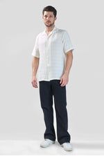 Thumbnail for Xkind White Horizontal Pleated Stripes Relaxed Fit Shirt