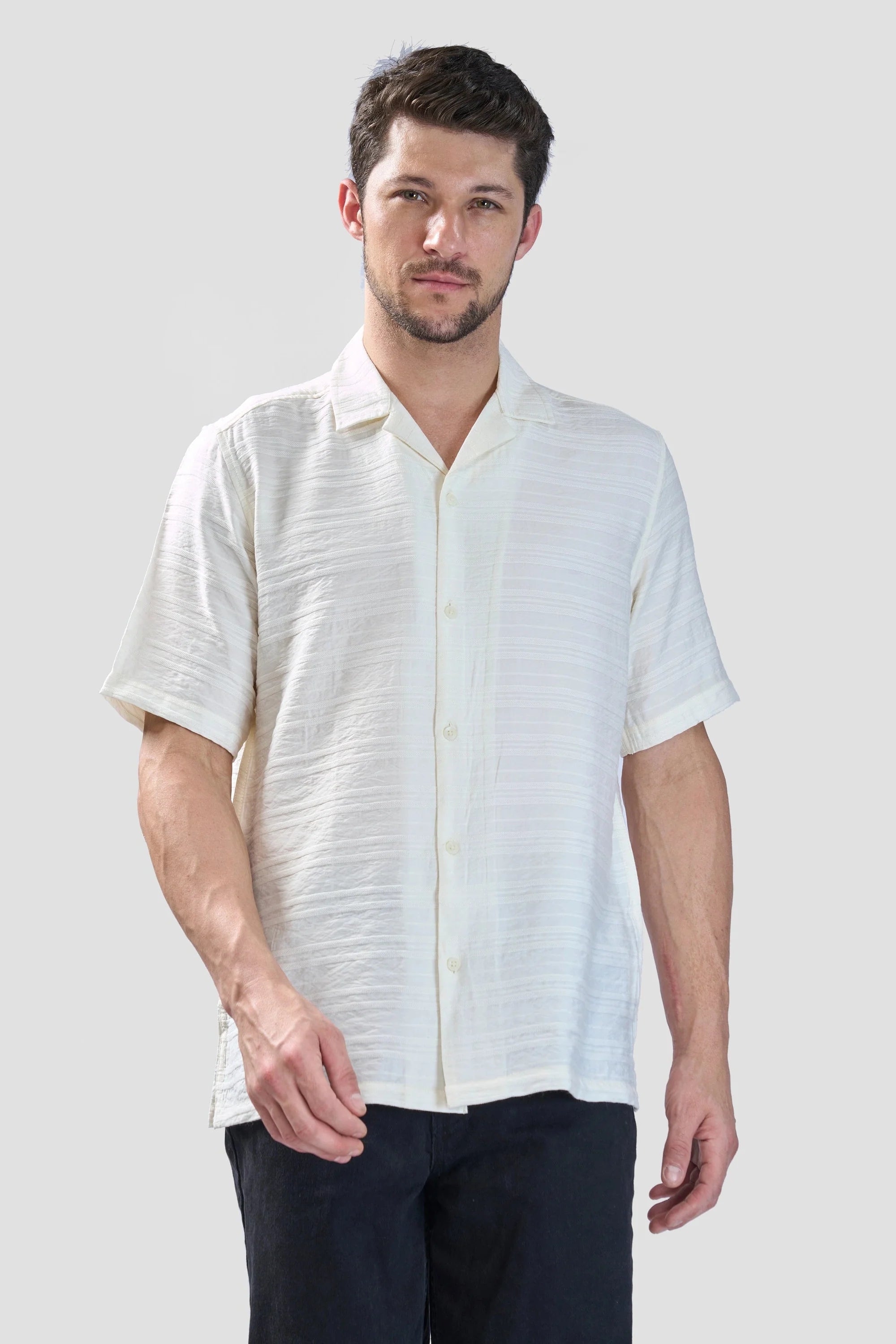 Xkind White Horizontal Pleated Stripes Relaxed Fit Shirt