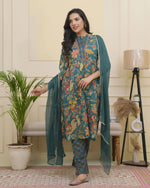 Thumbnail for Vaasva Women Dark Sea Cotton Gathered Kurta With Cotton Pant & Dupatta