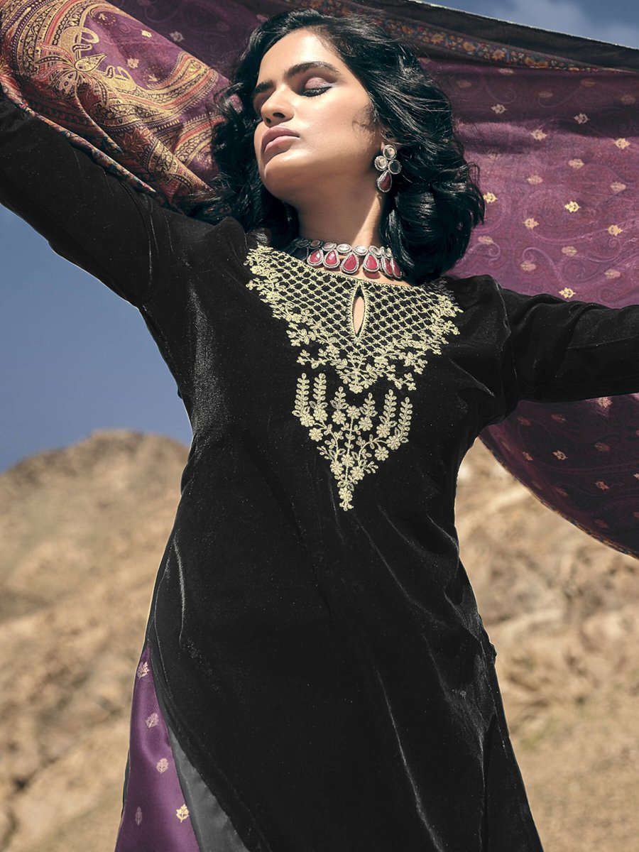 Aastha Fashion Women's Black Velvet Embroidered Kurta with Trouser & Dupatta - Distacart