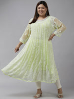 Thumbnail for ADA Women Lime Green & White Ethnic Motifs Plus Size Chikankari Georgette Anarkali Kurta - Distacart