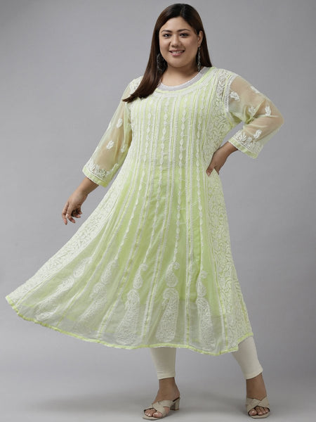 ADA Women Lime Green & White Ethnic Motifs Plus Size Chikankari Georgette Anarkali Kurta - Distacart