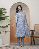 Thumbnail for Vaasva Women Grey Panel Kurta With Cotton Pant & Dupatta