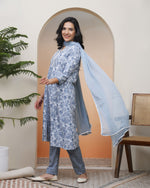 Thumbnail for Vaasva Women Grey Panel Kurta With Cotton Pant & Dupatta