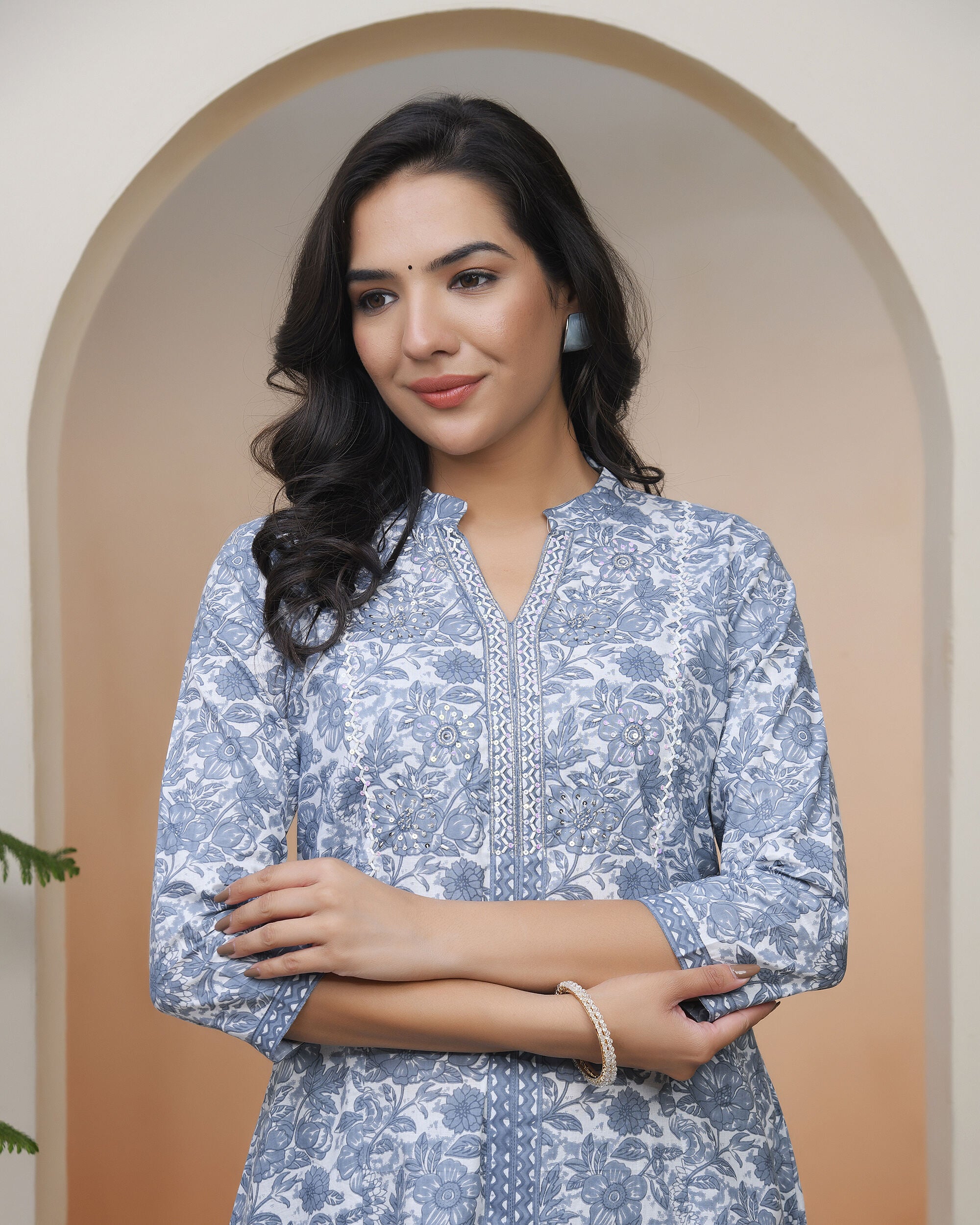 Vaasva Women Grey Panel Kurta With Cotton Pant & Dupatta