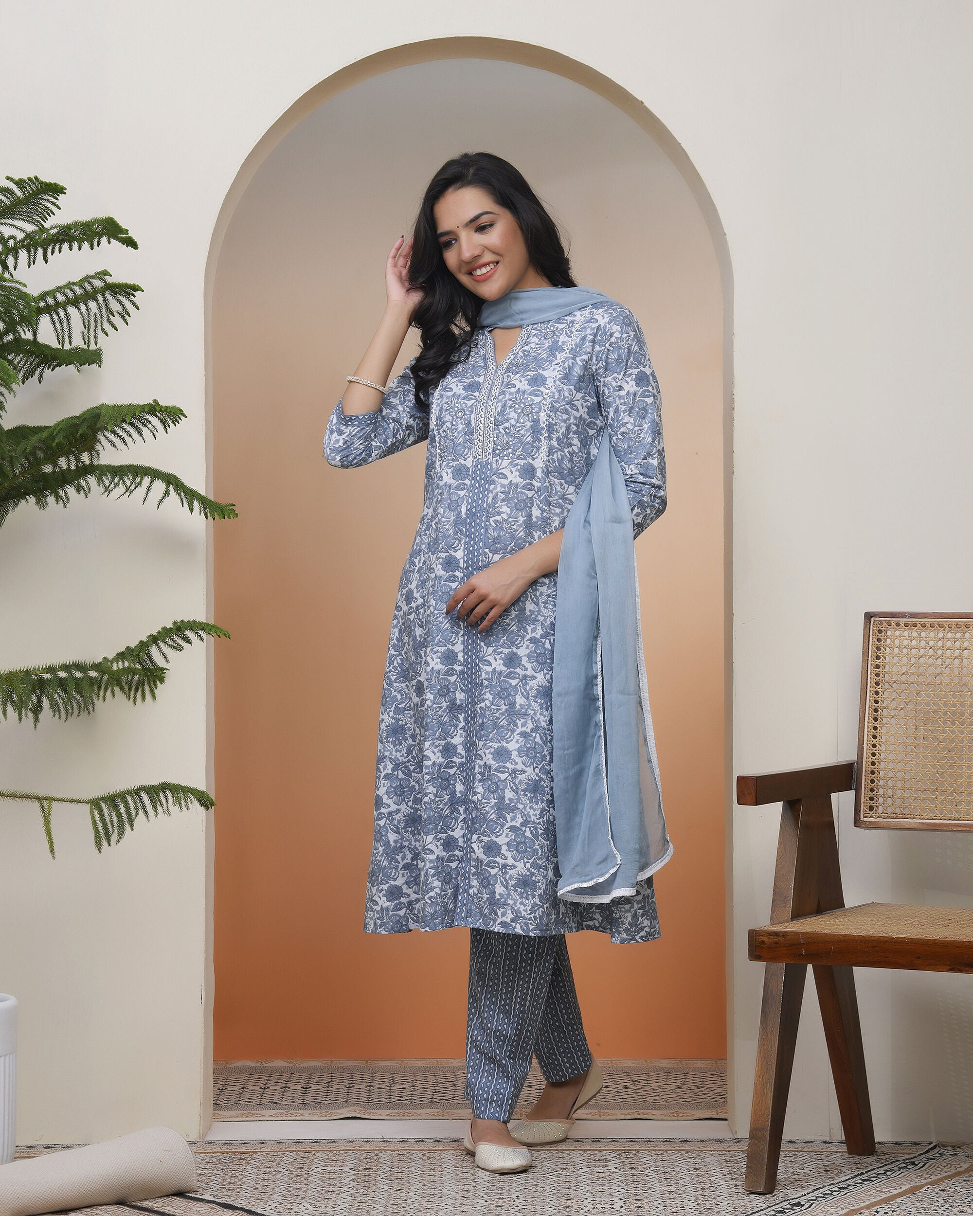 Vaasva Women Grey Panel Kurta With Cotton Pant & Dupatta