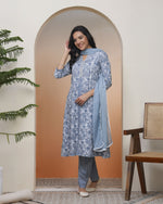 Thumbnail for Vaasva Women Grey Panel Kurta With Cotton Pant & Dupatta
