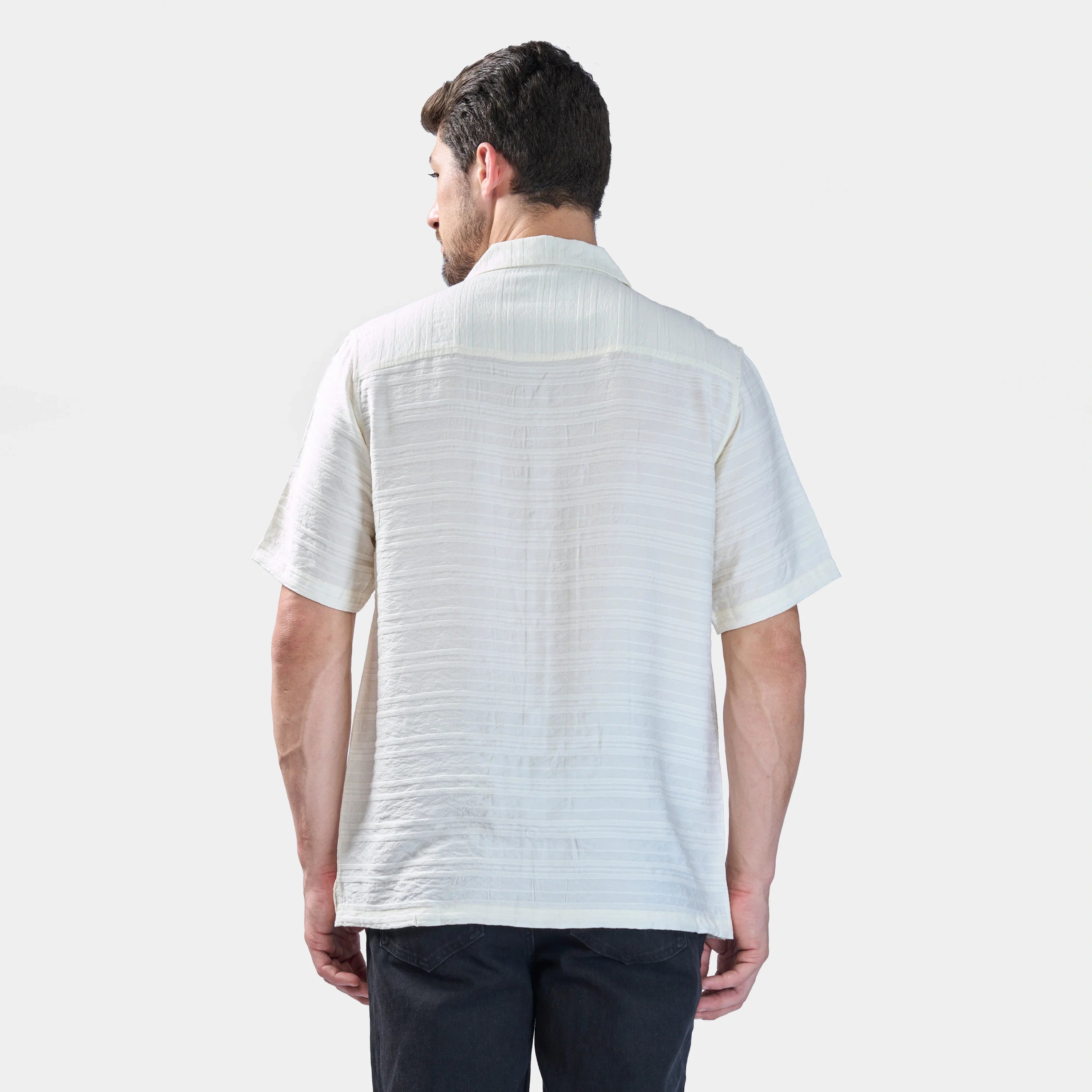 Xkind White Horizontal Pleated Stripes Relaxed Fit Shirt