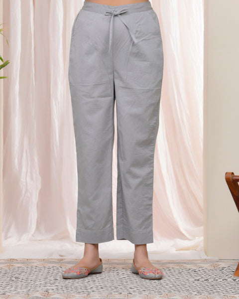 Vaasva Women Grey Cotton Flax Solid Straight Pants