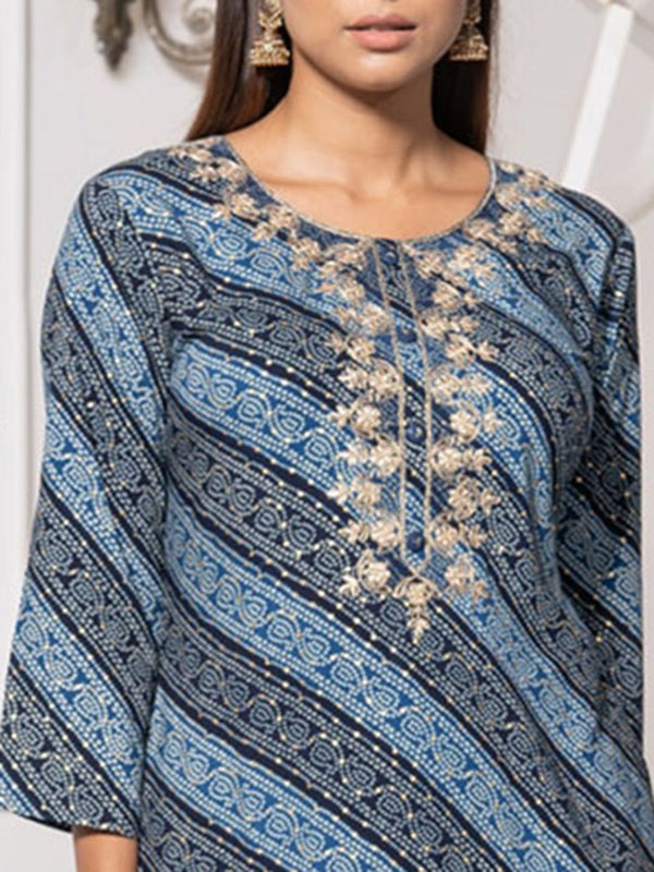 Ode by House of Pataudi Round Neck Printed Mirror Work Floral Kurta - Distacart