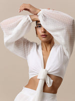 Thumbnail for trueBrowns Chiffon White Dobby Tie Up Top - Distacart