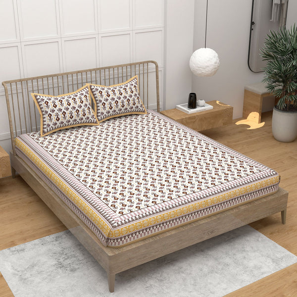 Off White Ethnic Motifs Cotton King Bedsheet With 2 Zipper Pillow Covers - King Size by House of Ree - Distacart