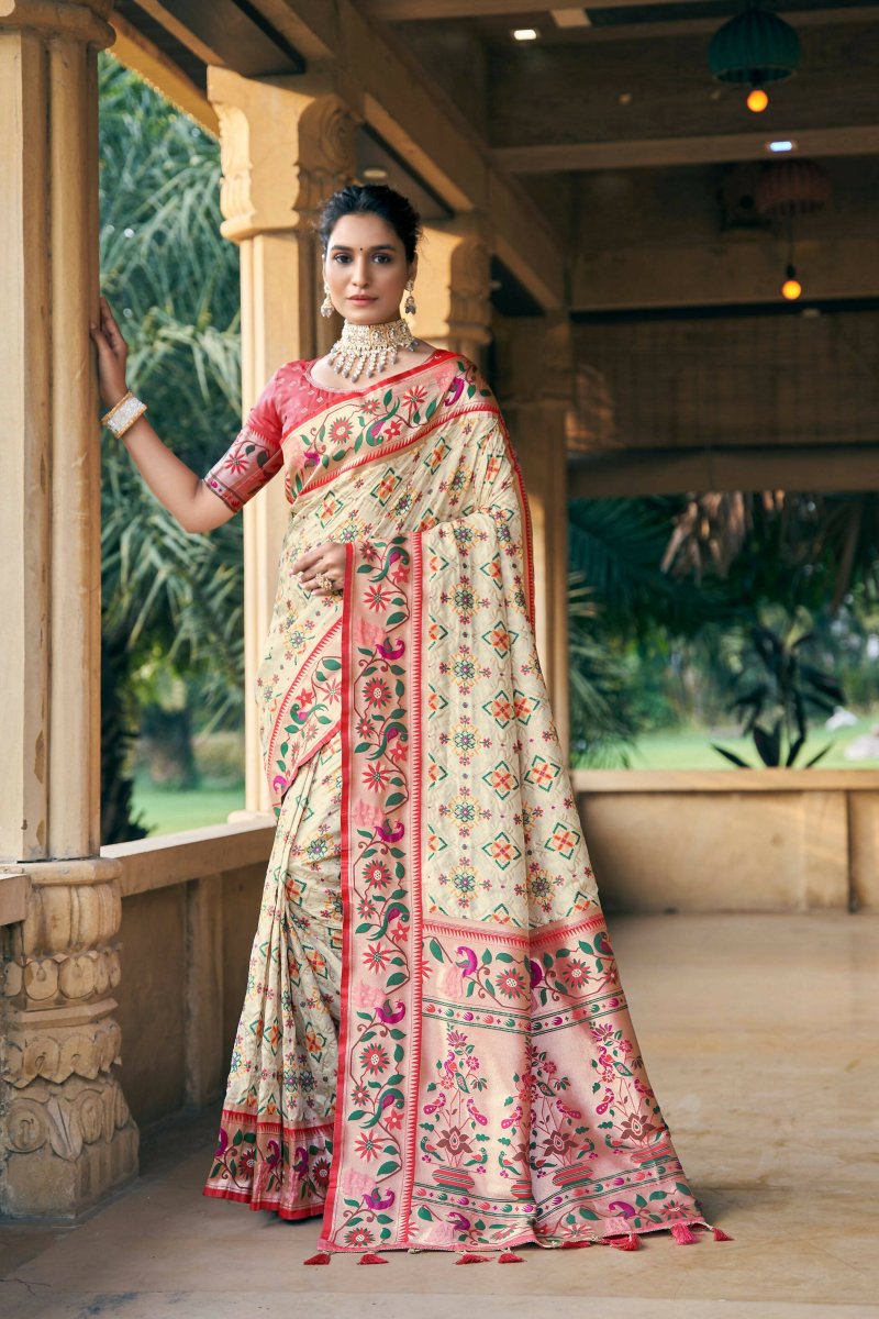 Aastha Fashion Cream Woven Patola Silk Saree with Blouse - Distacart