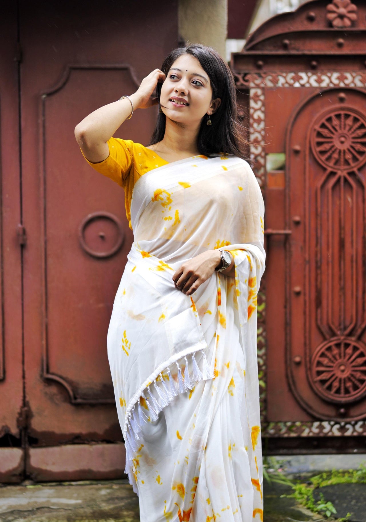 Yellow Poly Georgette Tie And Dye Saree with Unstitched Blouse - A2M