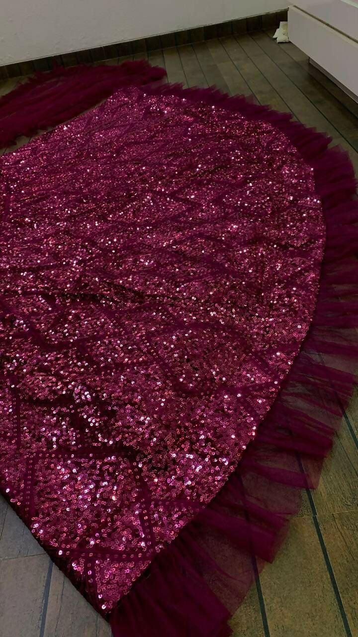 Jyoti Fashion Women's Wine Velvet Thread with Sequins & Ruffle Border Work Designer Lehenga Choli Set