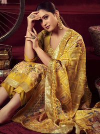 Thumbnail for Aastha Fashion Women's Mustard Organza Jacquard Woven Kurta with Trouser & Dupatta - Distacart