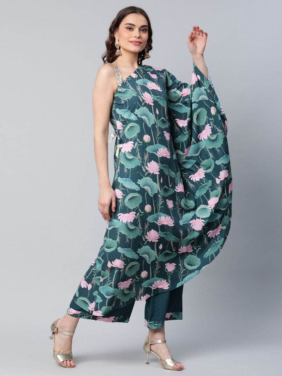 Ahalyaa Women Green Crepe Floral Printed Kurta with Palazzo Set - Distacart