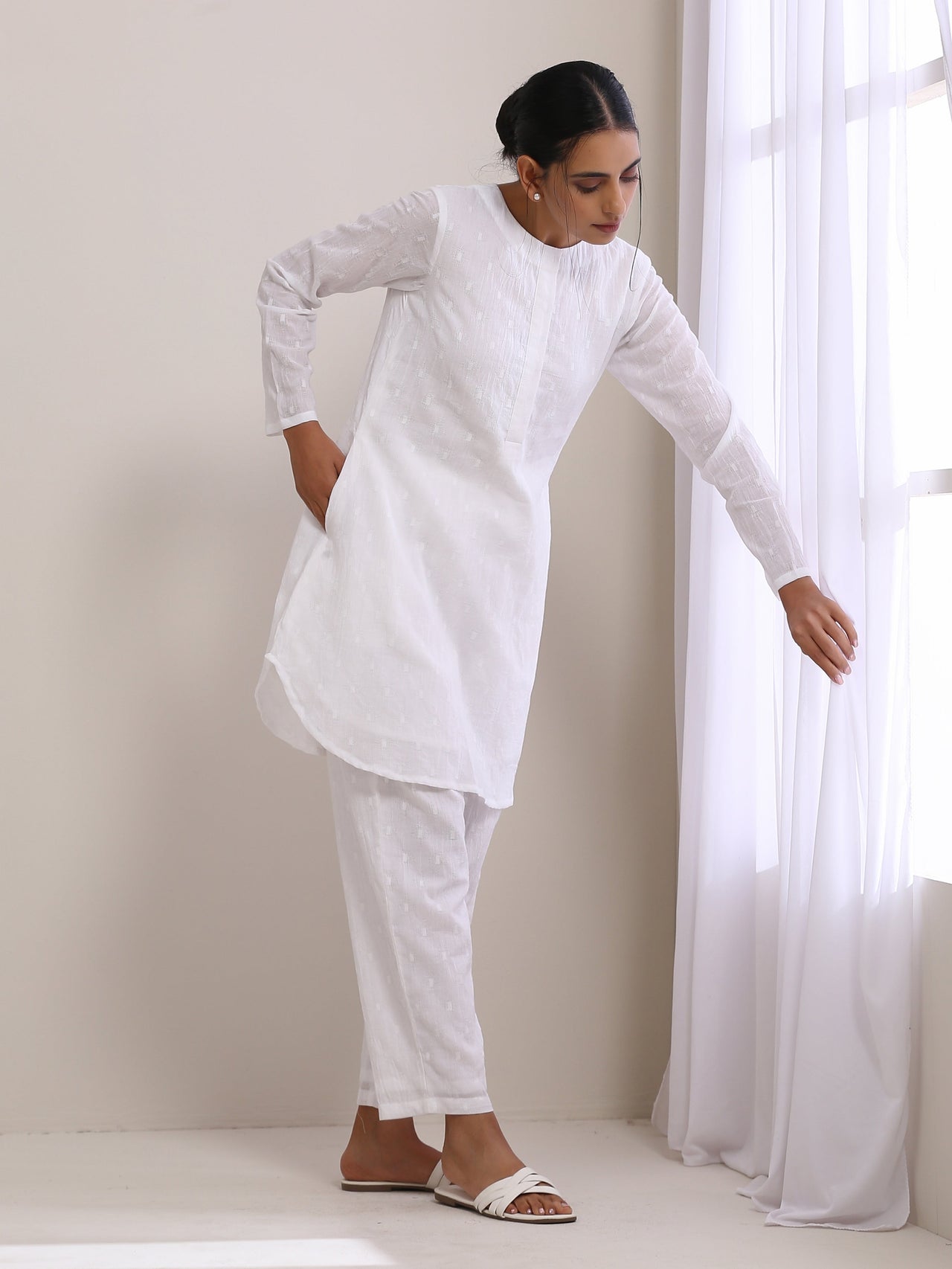 trueBrowns White Dobby Front Placket Co-Ord Set - Distacart