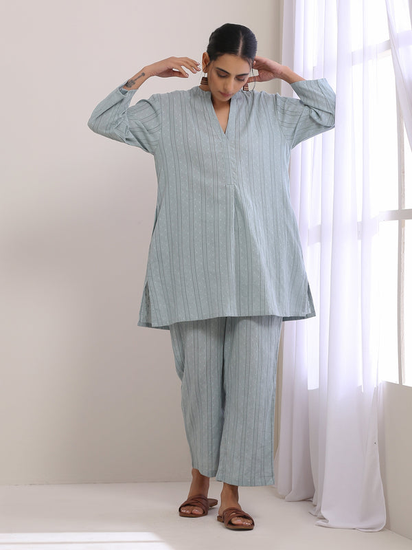 trueBrowns Eggshell Blue Dobby Relaxed Fit Co-Ord Set - Distacart