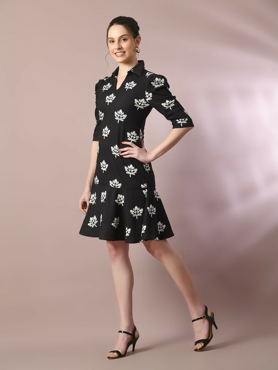 Myshka Women's Black Printed Shirt Collar Fit and Flare Party Dress - Distacart