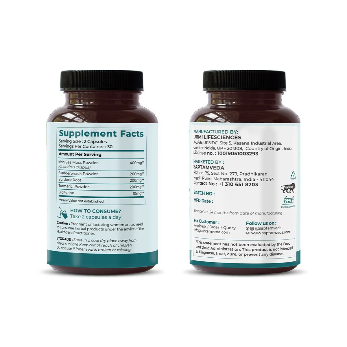 Saptamveda Irish Sea Moss 500mg Capsules - Distacart