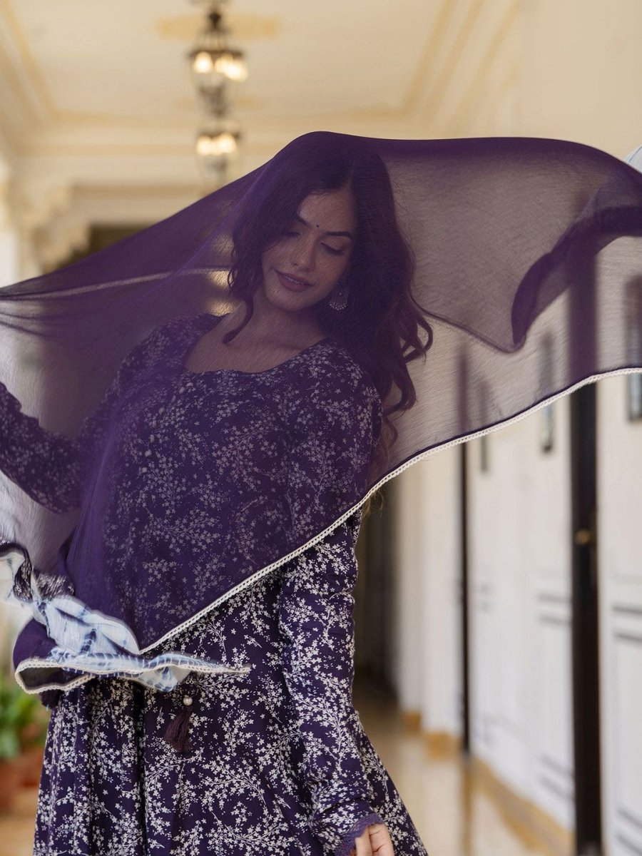 Anouk Purple Floral Printed Empire Pure Cotton Anarkali Kurta With Pyjama & Dupatta - Distacart