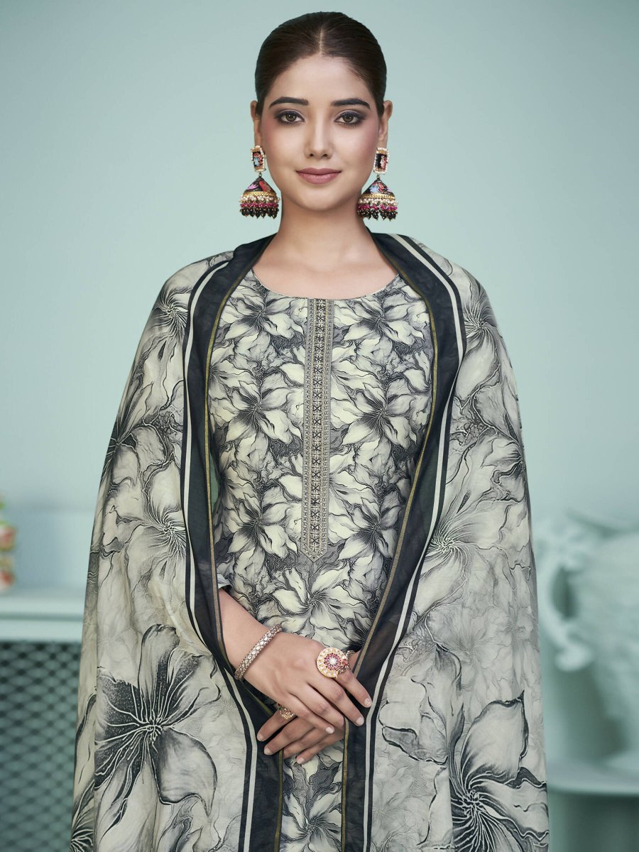 Aastha Fashion Women's Grey Muslin Digital Print with Resham Thread work Kurta with Trouser & Dupatta - Distacart