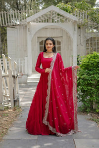 Thumbnail for Aastha Fashion Women's Rani Pink Faux Georgette Frill Work Anarkali Dress with Dupatta - Distacart