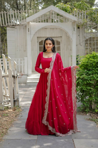 Aastha Fashion Women's Rani Pink Faux Georgette Frill Work Anarkali Dress with Dupatta - Distacart