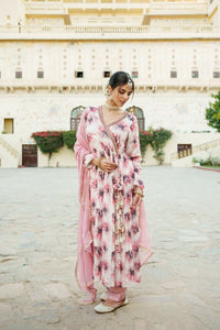 Thumbnail for Vaasva White Chinon Floral Embroidered Angrakha Anarkali, Pant & Dupatta set - Distacart