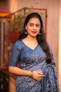 Thumbnail for Grey Silk Blend Ajrak Saree with Unstitched Blouse - A2M