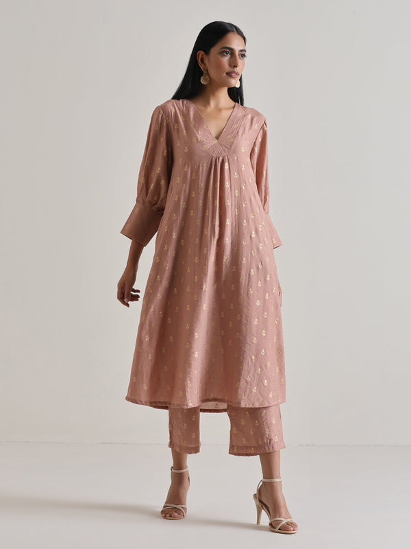 trueBrowns Beige Foil Puff Sleeve Kurta Set - Distacart