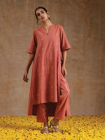 Thumbnail for trueBrowns Blush Gold Cotton Relaxed High-Low Kurta Set - Distacart