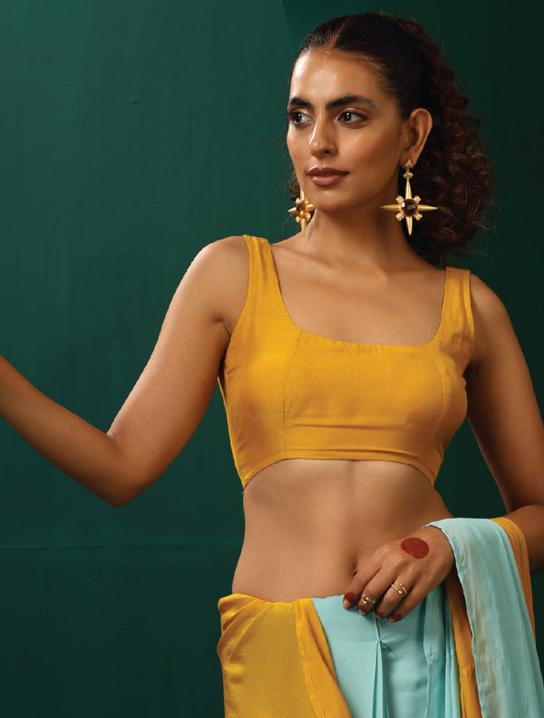 trueBrowns Mustard Muslin Silk Scoop Neck Sleeveless Blouse - Distacart