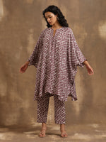 Thumbnail for trueBrowns Dark Mauve Zig Zag Printed Silk Kaftan Co-Ord Set - Distacart